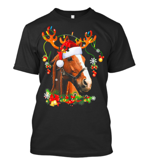Horse With Santa Hat And Reindeer Antlers Christmas Humor T-Shirt