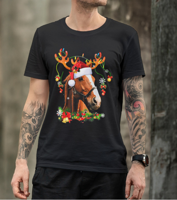 Horse With Santa Hat And Reindeer Antlers Christmas Humor T-Shirt