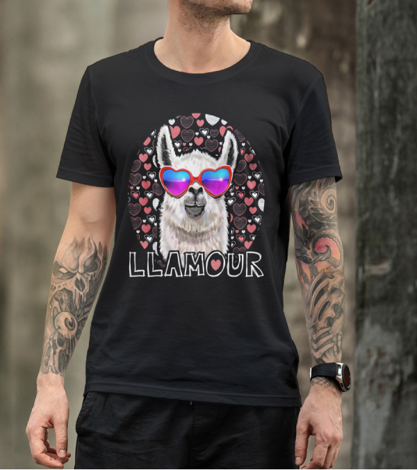 Llamour Heart Sunglasses Llama Valentines Day T-Shirt