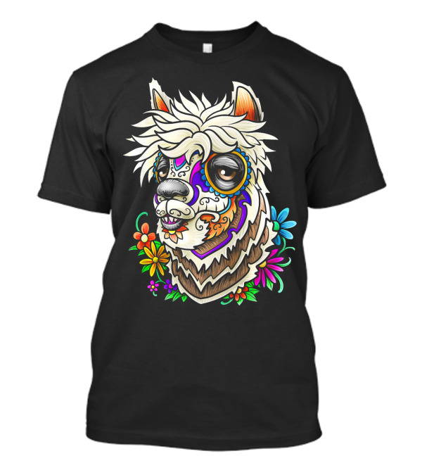 Llama Alpaca Tattoo Day Of The Dead Flor Colorful Festival Mask With Flowers T-Shirt