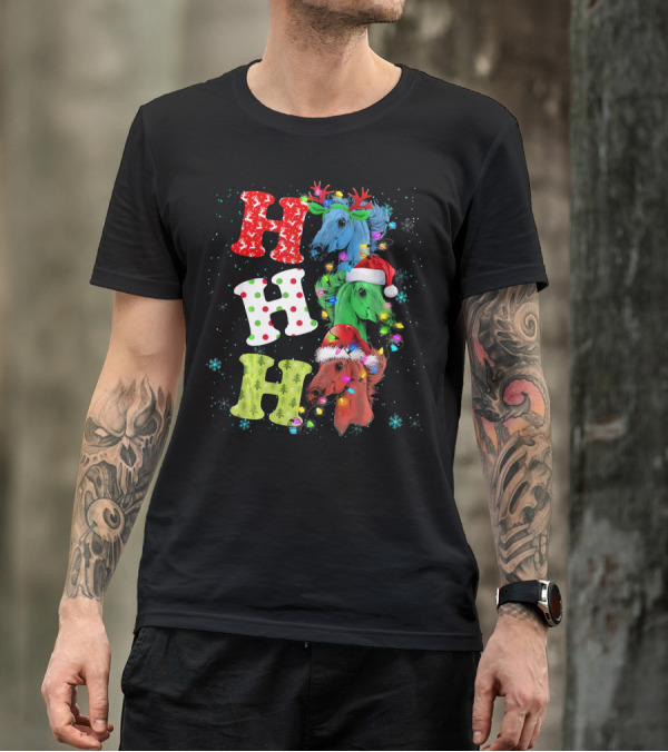 Ho Ho Ho Horse Reindeer Christmas Lights Santa Hat Antlers T-Shirt