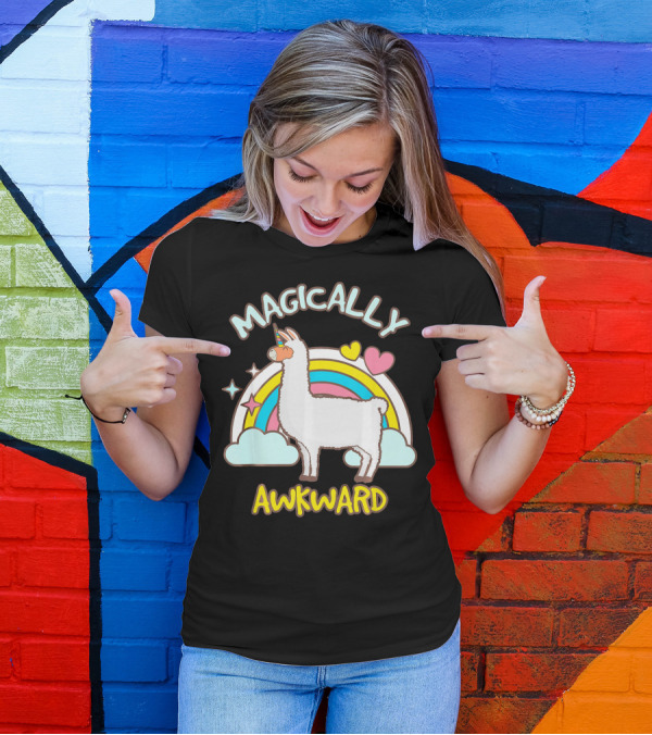 Magically Awkward Llama With Rainbow And Hearts T-Shirt