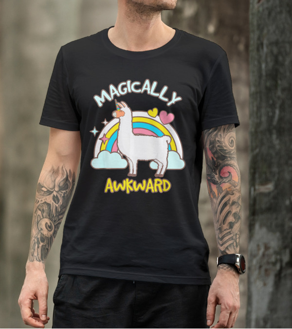 Magically Awkward Llama With Rainbow And Hearts T-Shirt
