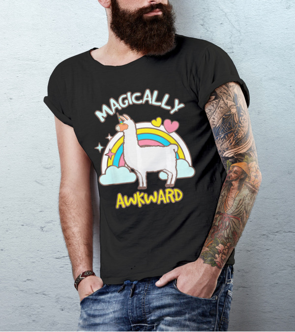 Magically Awkward Llama With Rainbow And Hearts T-Shirt