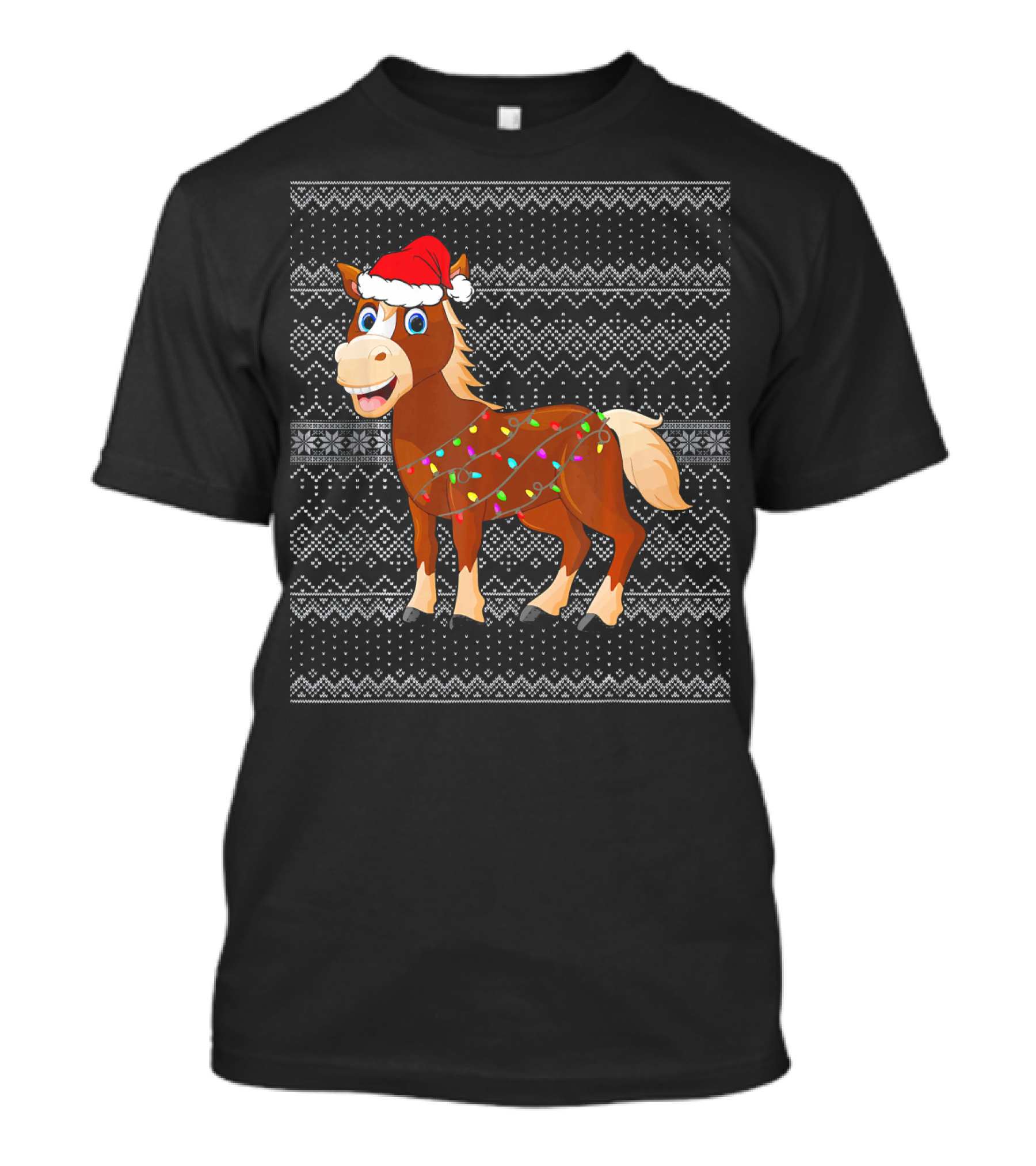 Horse In Santa Hat Wrapped In Christmas Lights With Festive Knit Background T-Shirt