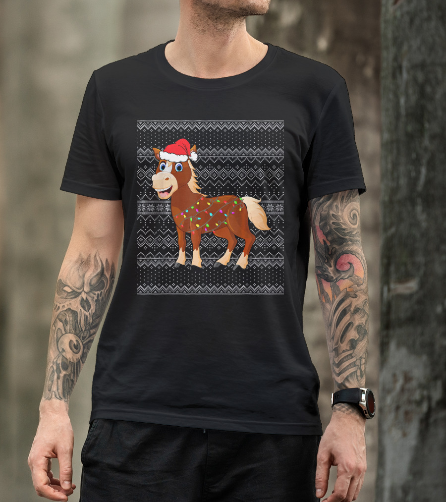 Horse In Santa Hat Wrapped In Christmas Lights With Festive Knit Background T-Shirt