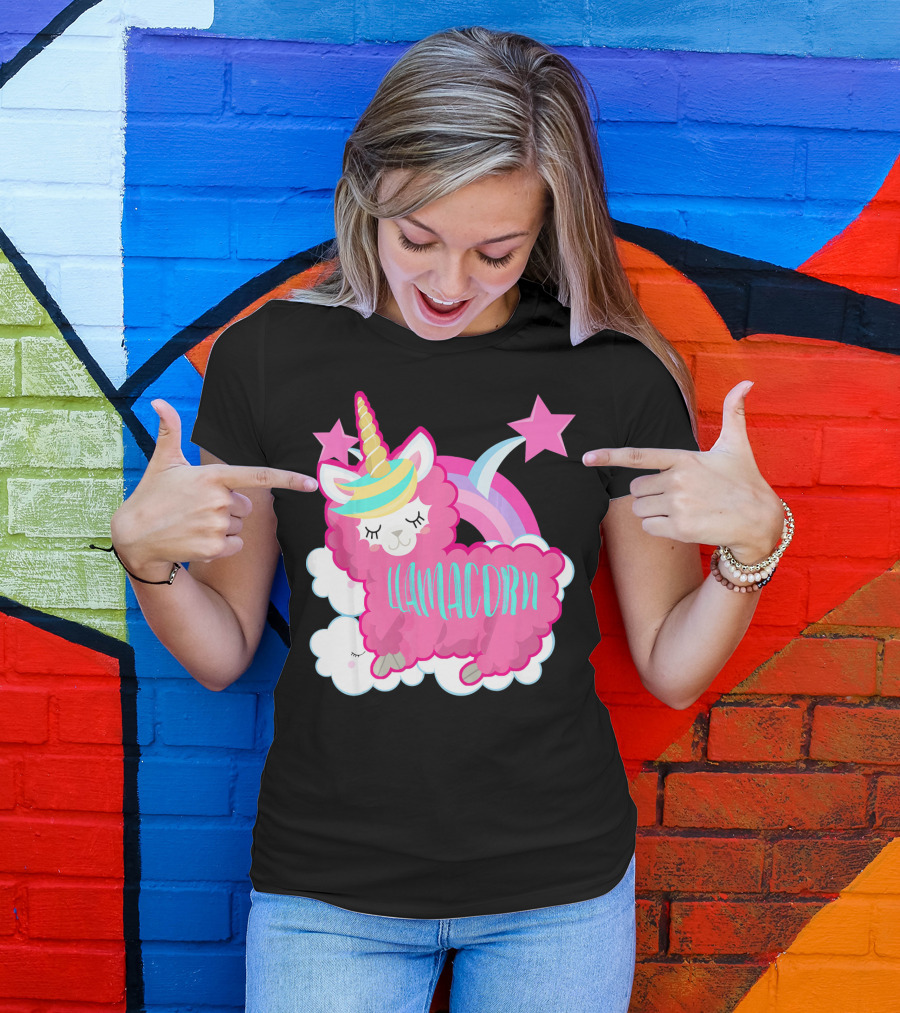 Llamacorn Pink Llama Unicorn Rainbow Stars T-Shirt