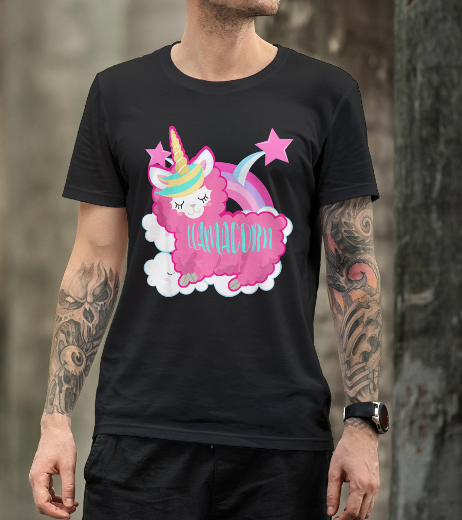 Llamacorn Pink Llama Unicorn Rainbow Stars T-Shirt