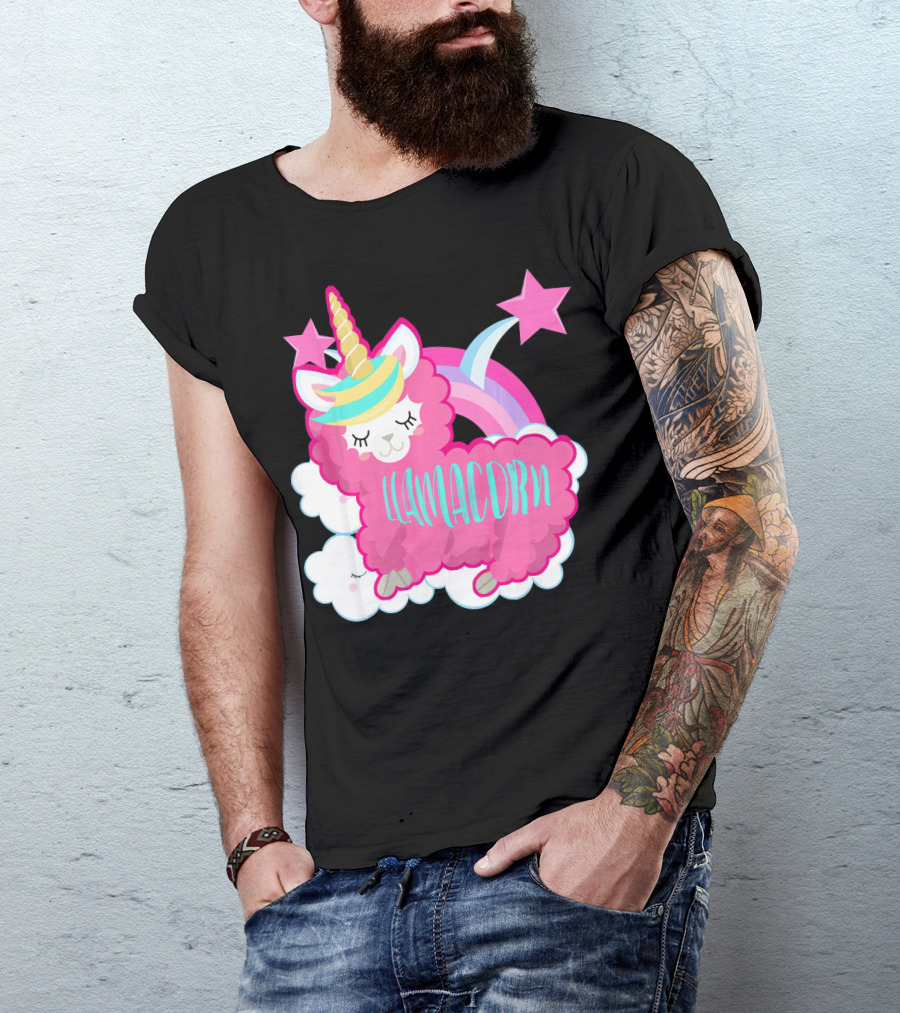 Llamacorn Pink Llama Unicorn Rainbow Stars T-Shirt