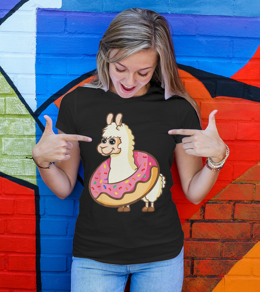 Llama Cute And Funny Llama In Donut With Sprinkles T-Shirt