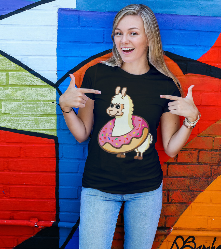Llama Cute And Funny Llama In Donut With Sprinkles T-Shirt