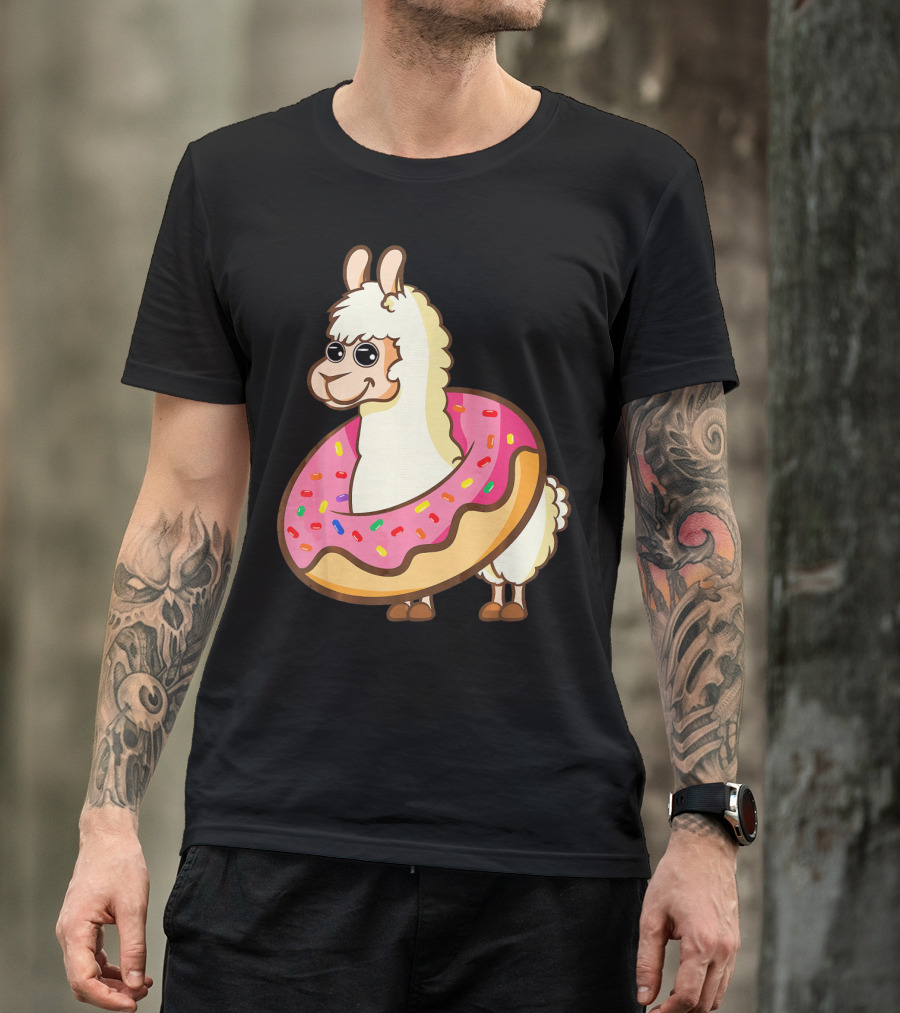 Llama Cute And Funny Llama In Donut With Sprinkles T-Shirt