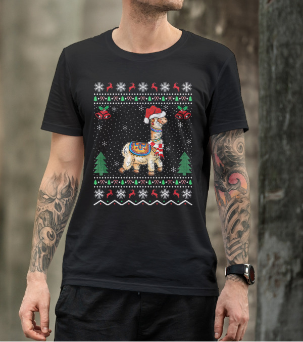 Llama Alpaca Lover Christmas Ugly Sweater Santa Hat Holiday T-Shirt