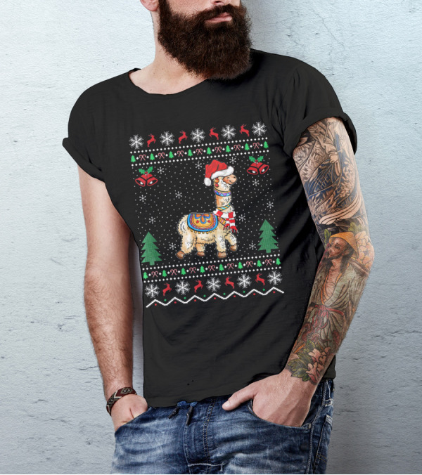 Llama Alpaca Lover Christmas Ugly Sweater Santa Hat Holiday T-Shirt