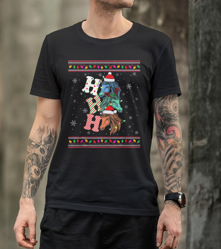 Ho Ho Ho Horse Reindeer Xmas Ugly Christmas Sweater Festive Lights Snowflakes T-Shirt