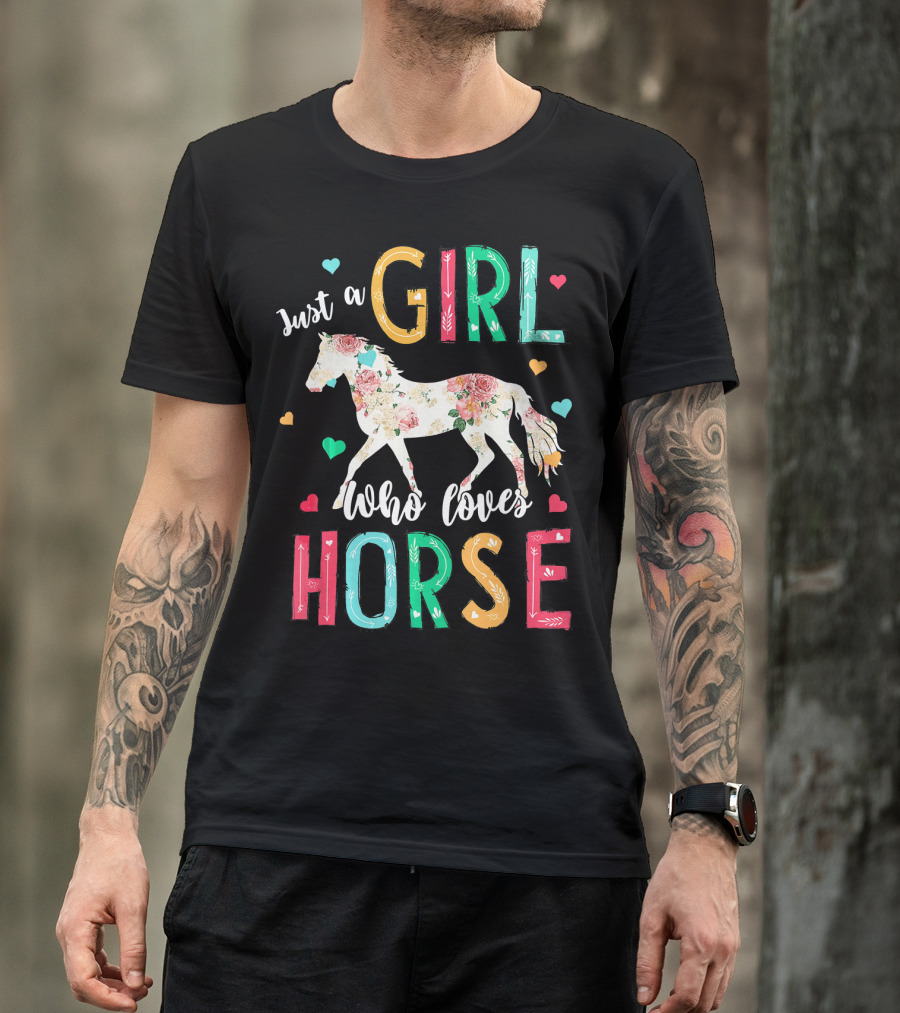 Just A Girl Who Loves Horse Floral Pattern Hearts T-Shirt