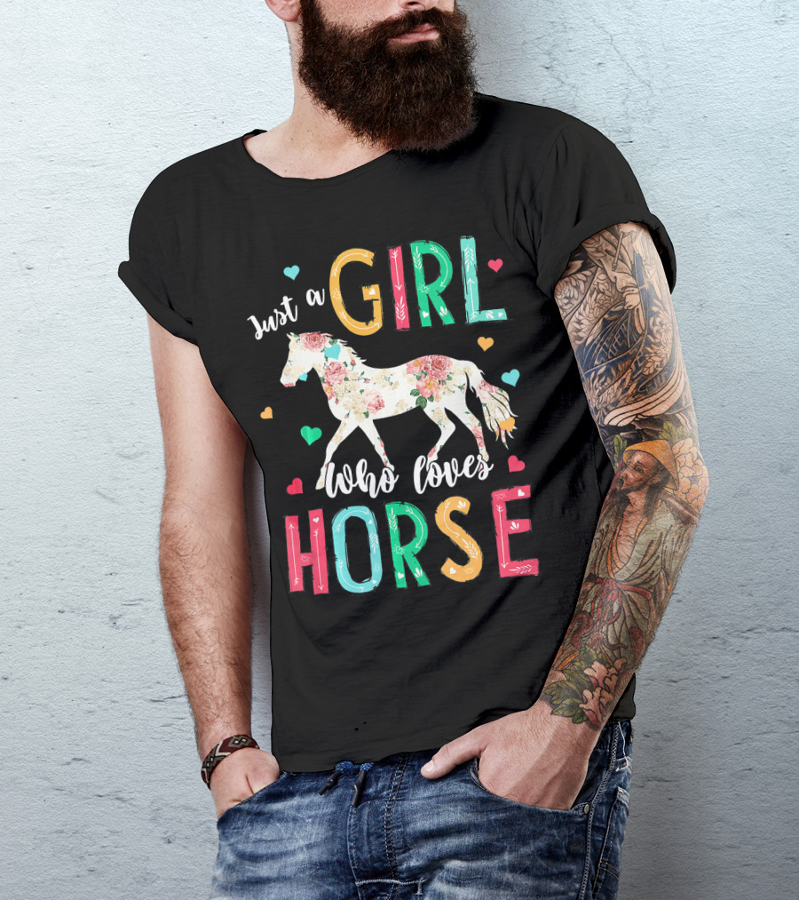 Just A Girl Who Loves Horse Floral Pattern Hearts T-Shirt