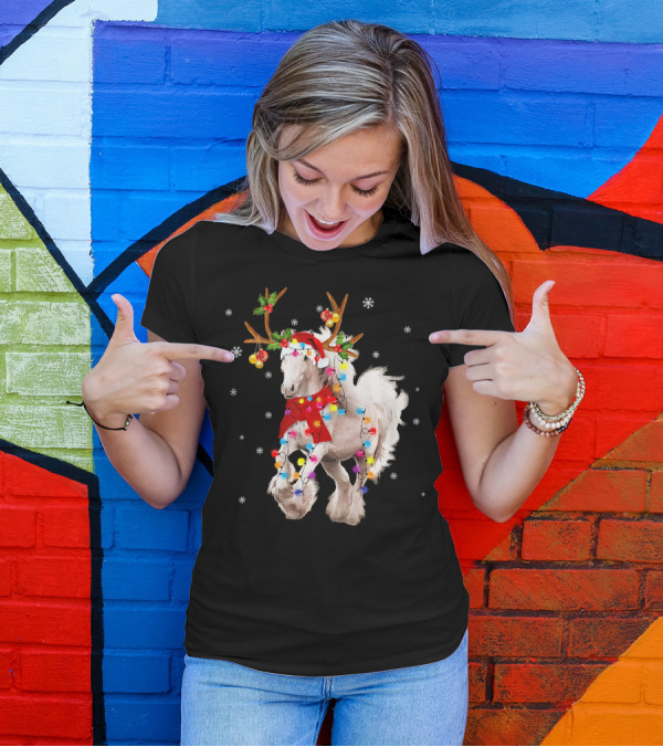 Horse Santa Hat Reindeer Lights Christmas Snowflakes T-Shirt