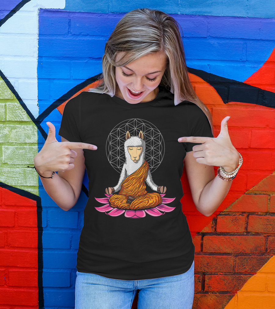 Llama Buddha Yoga Alpaca Meditation Zen Mandala Lotus Flower T-Shirt