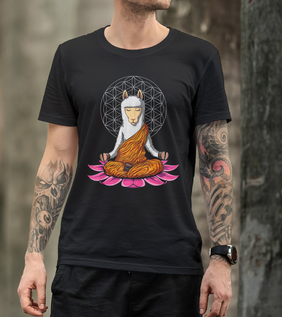 Llama Buddha Yoga Alpaca Meditation Zen Mandala Lotus Flower T-Shirt