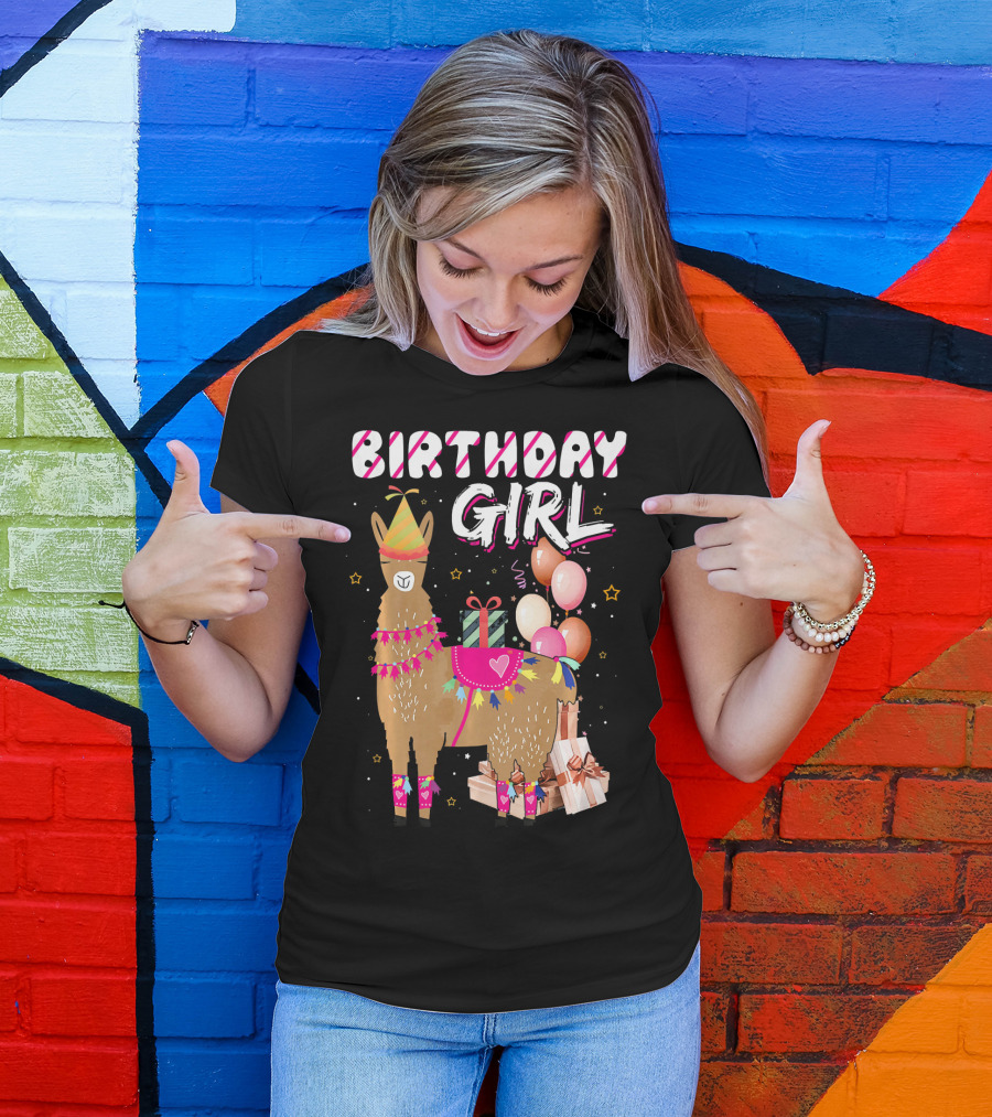 Birthday Girl Llama Alpaca Celebration With Gifts And Balloons T-Shirt