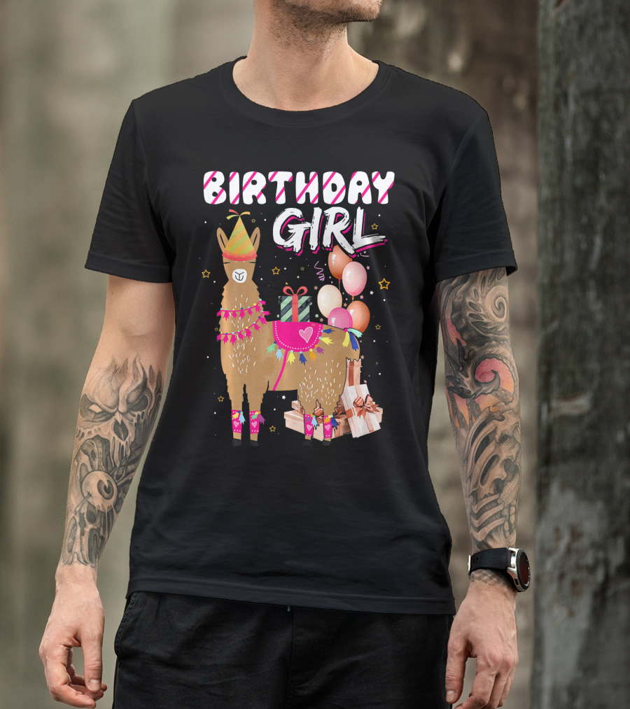 Birthday Girl Llama Alpaca Celebration With Gifts And Balloons T-Shirt
