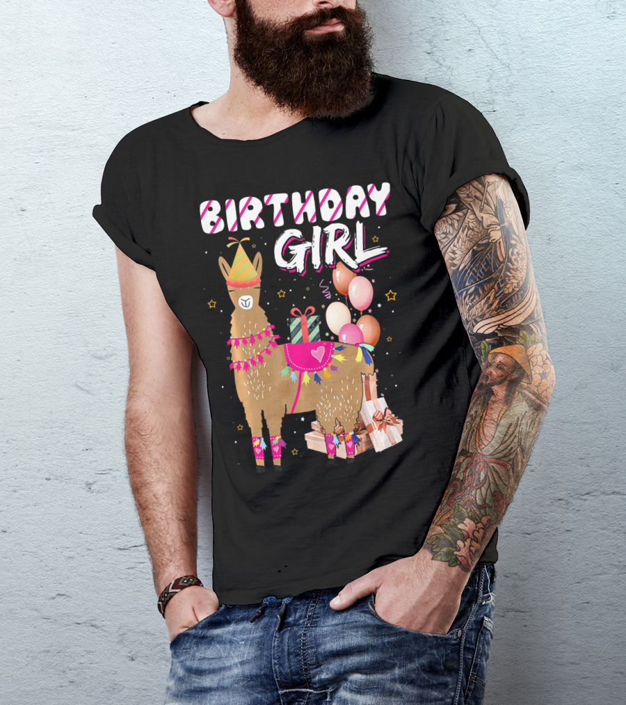 Birthday Girl Llama Alpaca Celebration With Gifts And Balloons T-Shirt