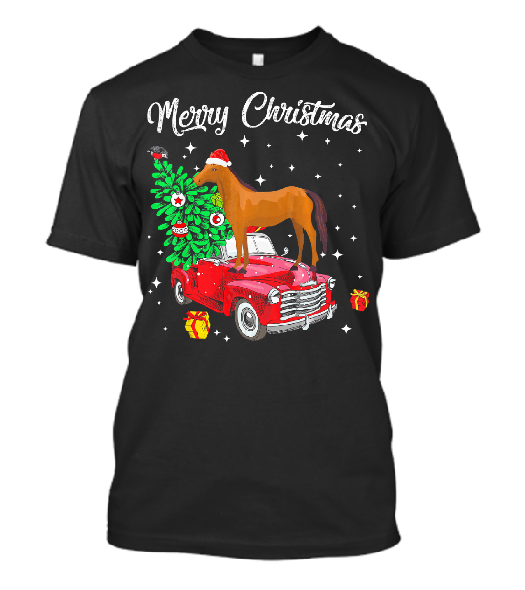 Merry Christmas Horse On Red Car With Decorated Tree And Gifts T-Shirt