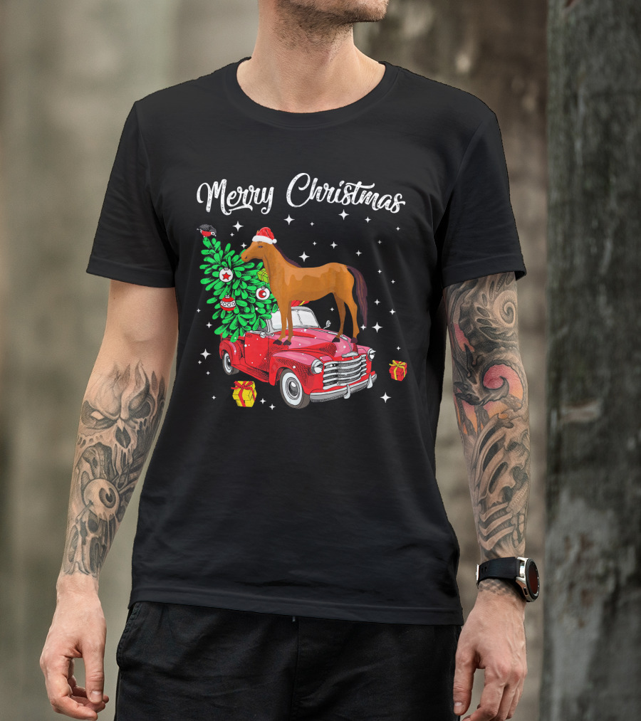 Merry Christmas Horse On Red Car With Decorated Tree And Gifts T-Shirt