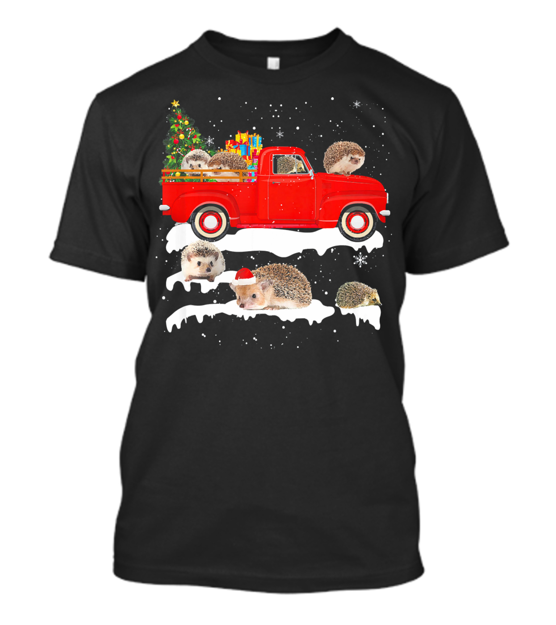 Hedgehog Riding Red Truck With Christmas Gifts And Tree Xmas Merry Chr T-Shirt