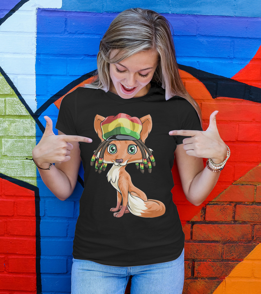 Jamaican Flag Fox With Dreadlocks And Rastafarian Colors T-Shirt