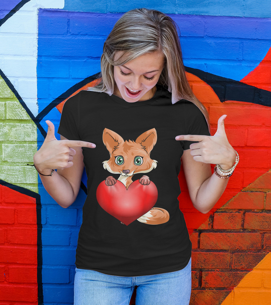 Kids Valentines Day Cute Fox Holding Heart T-Shirt