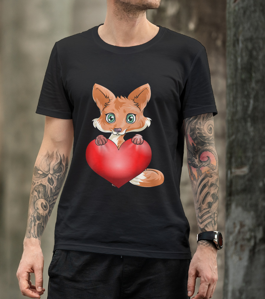 Kids Valentines Day Cute Fox Holding Heart T-Shirt