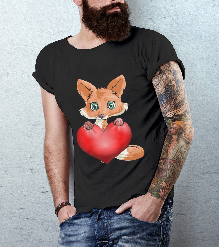 Kids Valentines Day Cute Fox Holding Heart T-Shirt