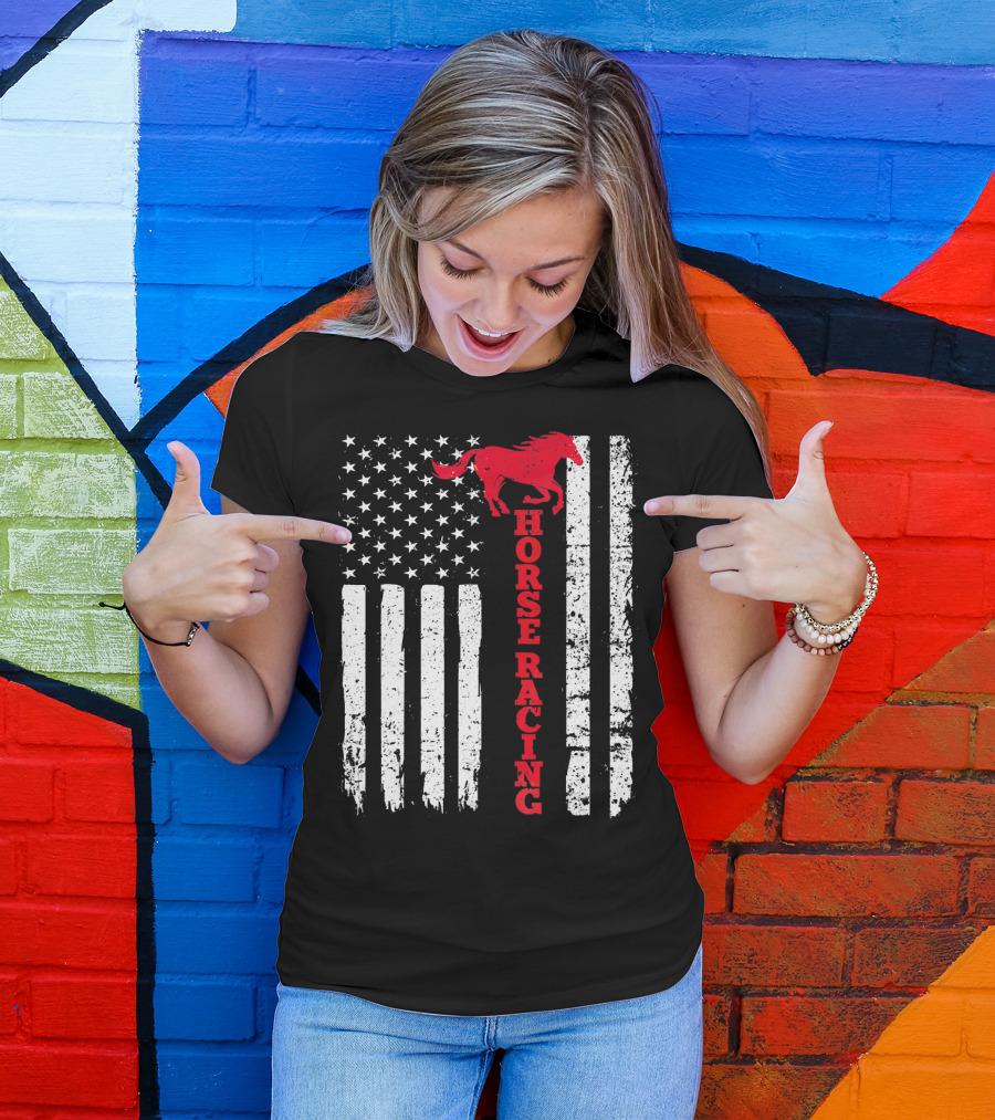 Horse Racing USA American Flag Horse T-Shirt