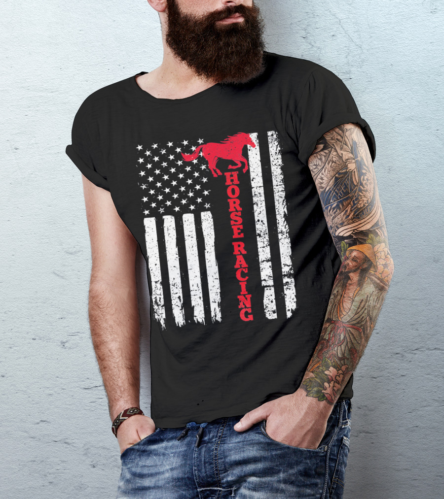 Horse Racing USA American Flag Horse T-Shirt
