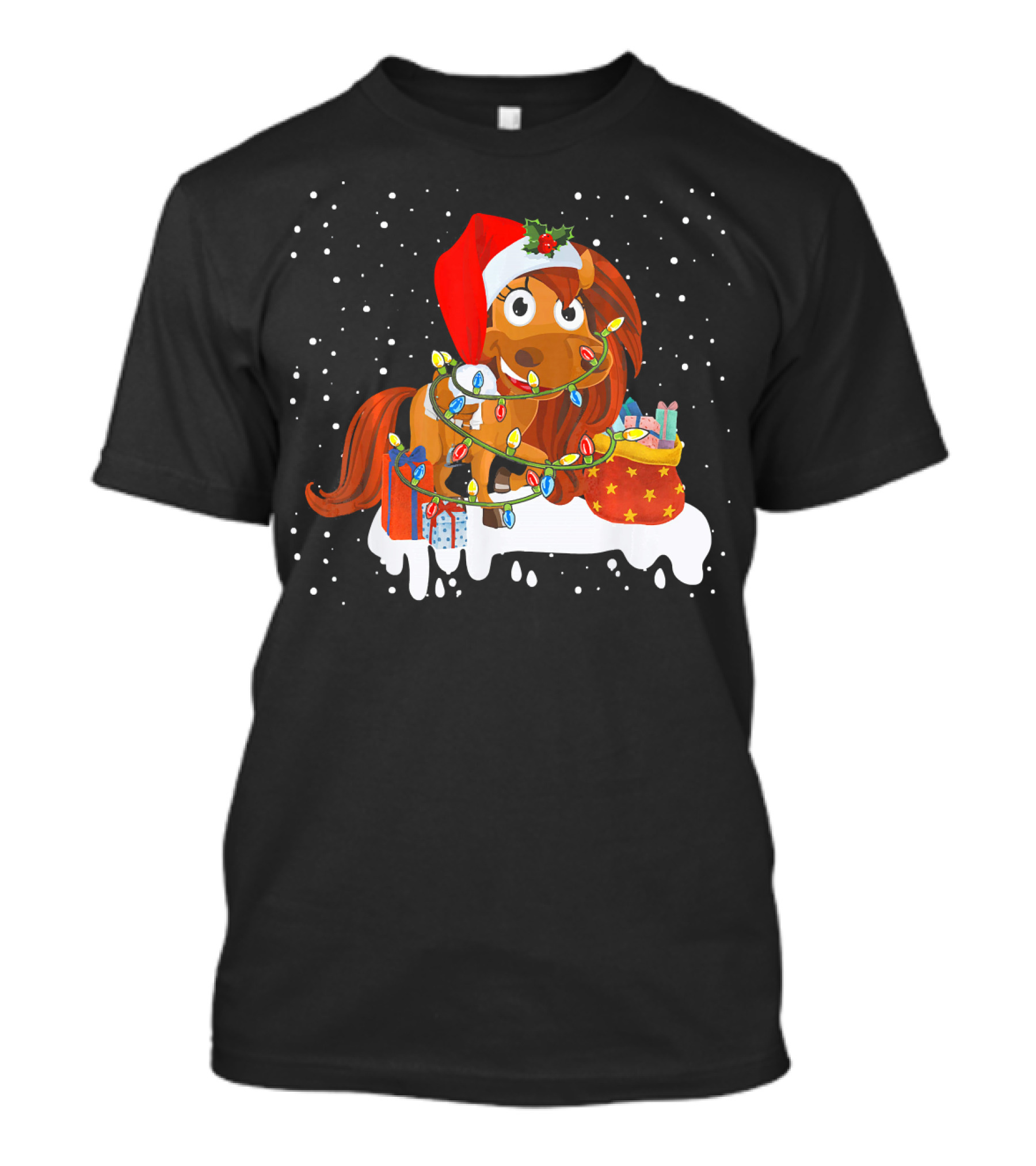 Santa Hat Horse Wrapped In Christmas Lights With Presents And Snowflakes T-Shirt