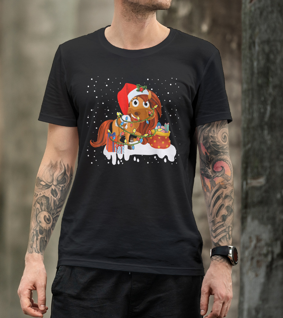 Santa Hat Horse Wrapped In Christmas Lights With Presents And Snowflakes T-Shirt