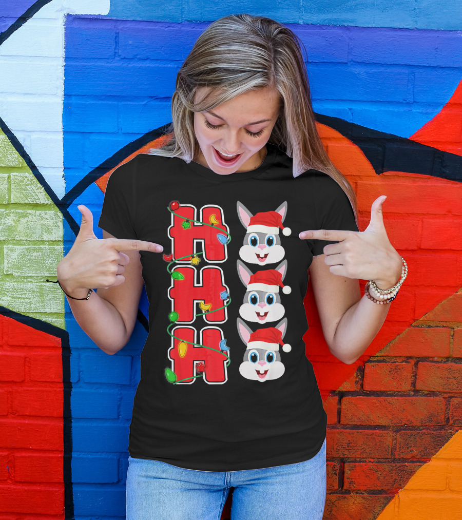 Ho Ho Ho Santa Rabbit Christmas Lights Red Hat T-Shirt