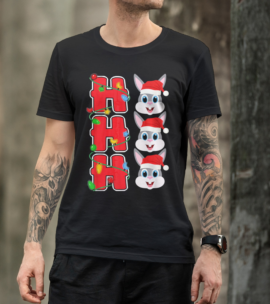 Ho Ho Ho Santa Rabbit Christmas Lights Red Hat T-Shirt