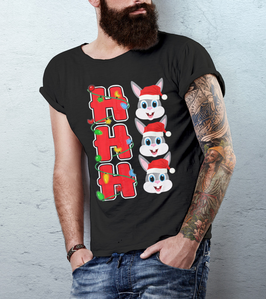 Ho Ho Ho Santa Rabbit Christmas Lights Red Hat T-Shirt