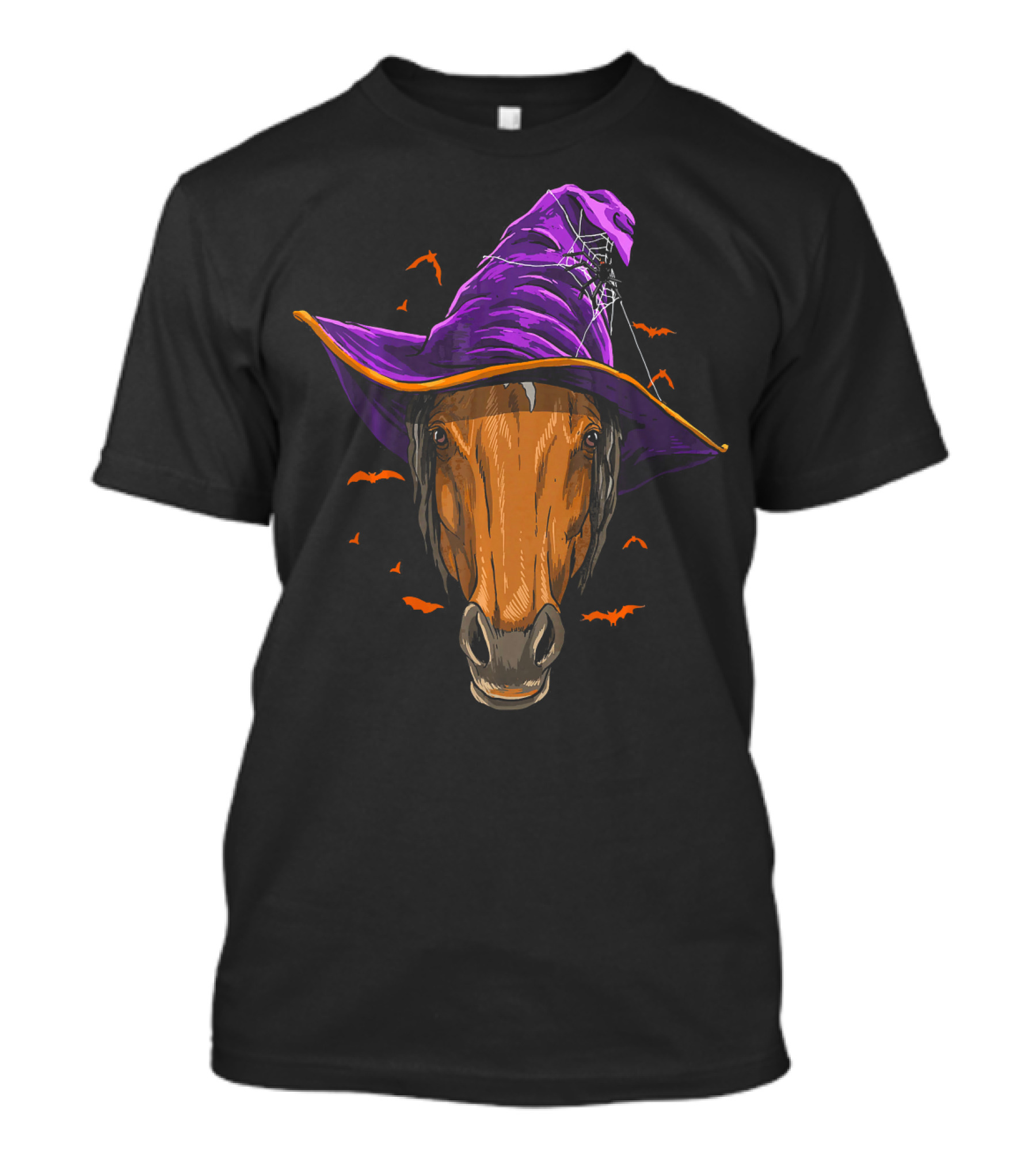 Horse In Purple Witch Hat With Bats And Spider Web T-Shirt