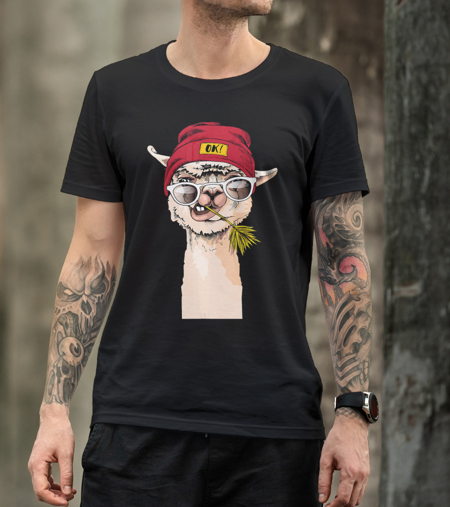 Llama Alpaca Funny Sunglass Cool Lama OK Red Beanie T-Shirt