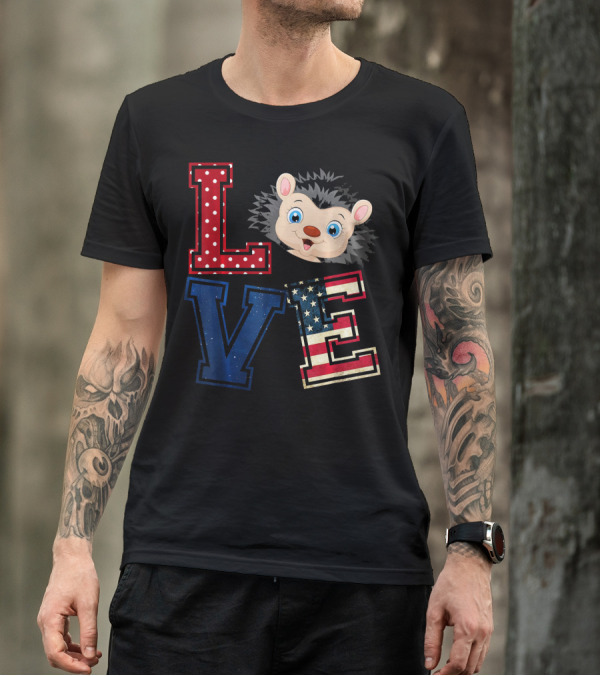 LOVE Hedgehog Face With American Flag Style Letters T-Shirt