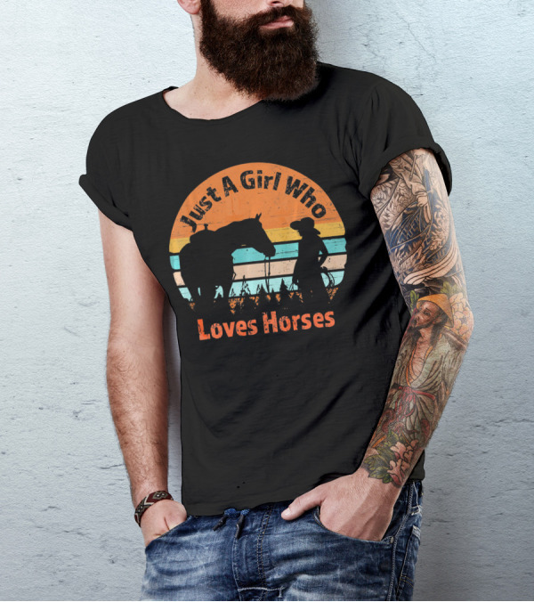 Just A Girl Who Loves Horses Retro Silhouette Sunset Ranch T-Shirt