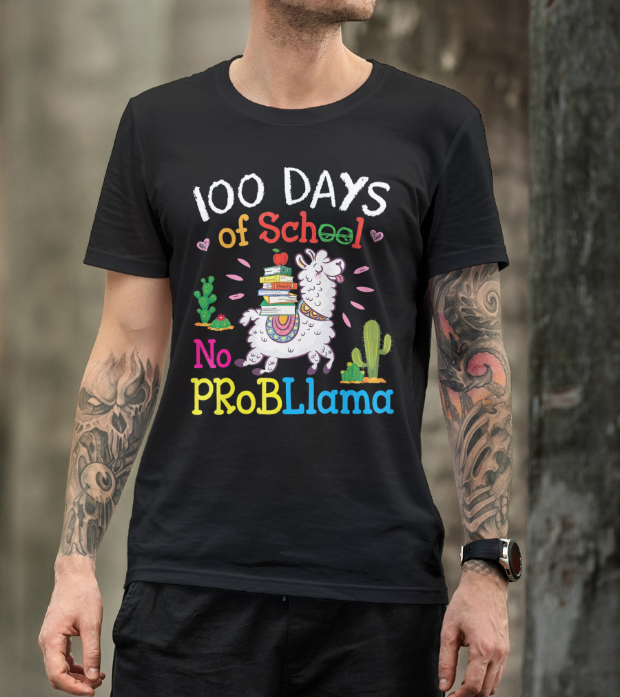 100 Days Of School No Probllama With Books And Cactus T-Shirt