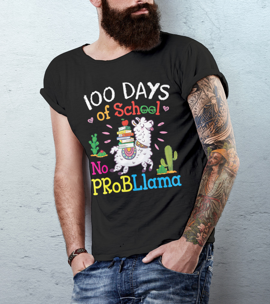 100 Days Of School No Probllama With Books And Cactus T-Shirt