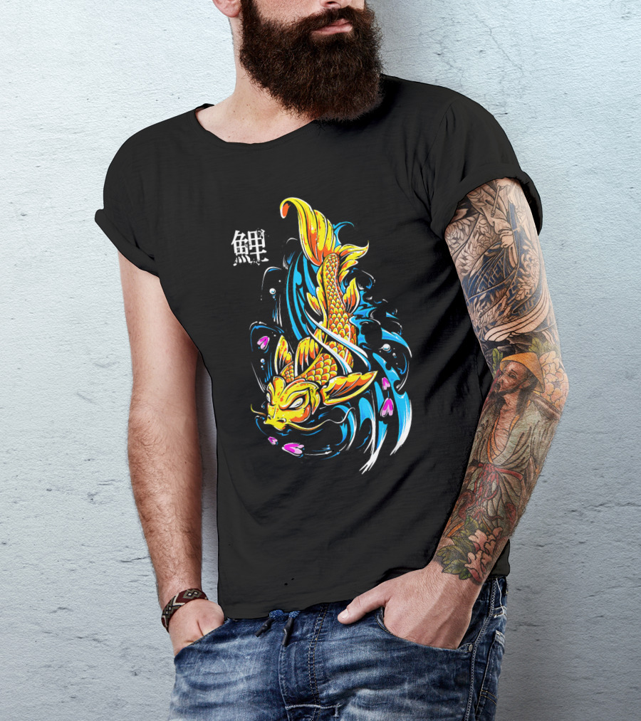 Japanese Koi With Vibrant Blue And Yellow Waves T-Shirt