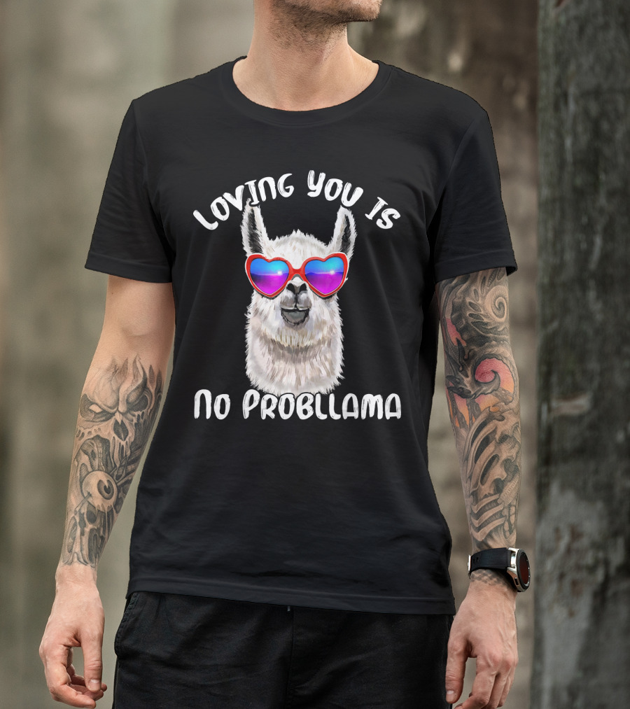 Loving You Is No Probllama Valentine's Day Llama Heart Sunglasses T-Shirt