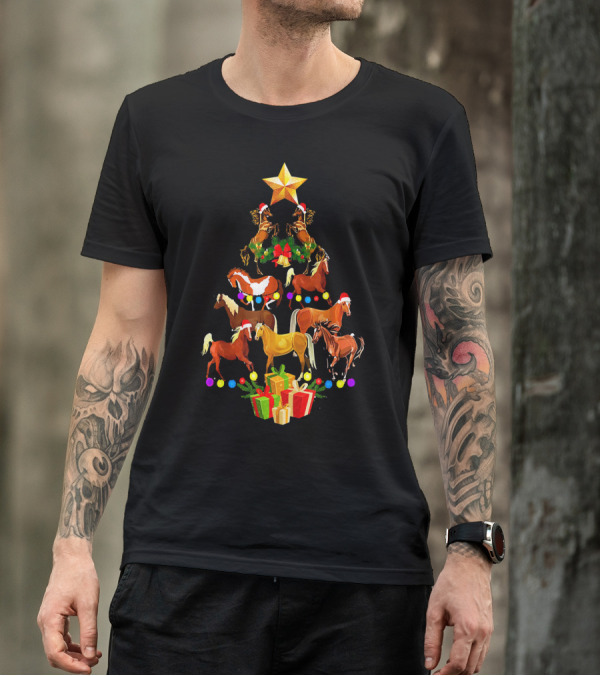 Horse And Star Christmas Tree With Santa Hat Gifts T-Shirt